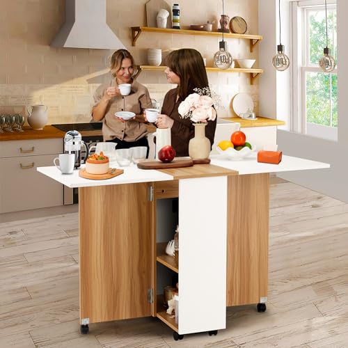 Folding Drop Leaf Dining Table with Lockable Wheels