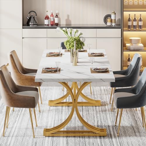 Modern Faux Marble Dining Table for 4-6, White/Gold