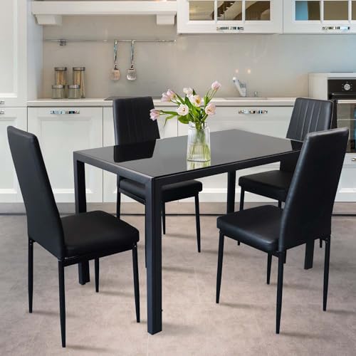 Modern 5-Piece Glass Dining Table Set, Black