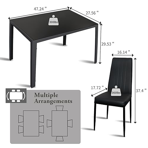 Modern 5-Piece Glass Dining Table Set, Black
