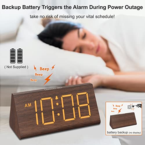 Wooden Digital Alarm Clock with USB Port, Large Numbers