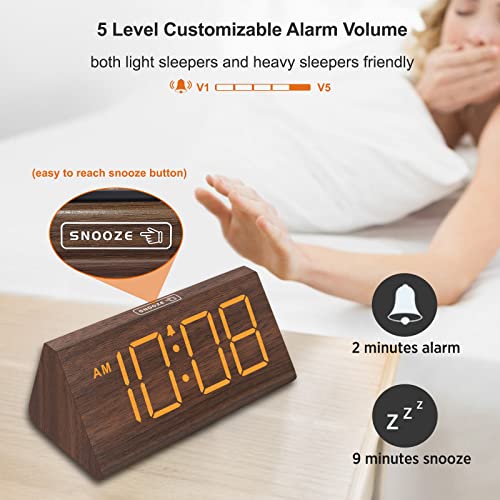 Wooden Digital Alarm Clock with USB Port, Large Numbers