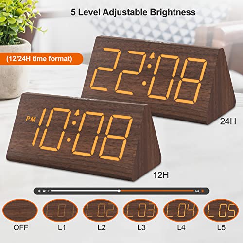 Wooden Digital Alarm Clock with USB Port, Large Numbers