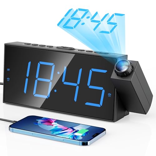 Large LED Projection Alarm Clock for Bedrooms - 5-Level Dimmer