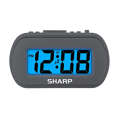 Sharp Digital Alarm Clock with Blue Backlight – Charcoal Black