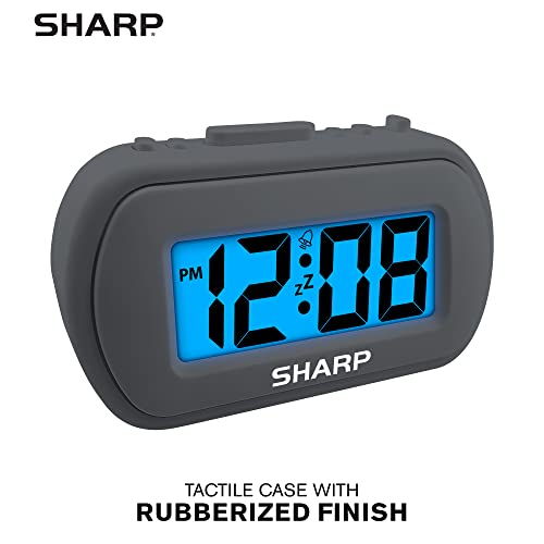 Sharp Digital Alarm Clock with Blue Backlight – Charcoal Black