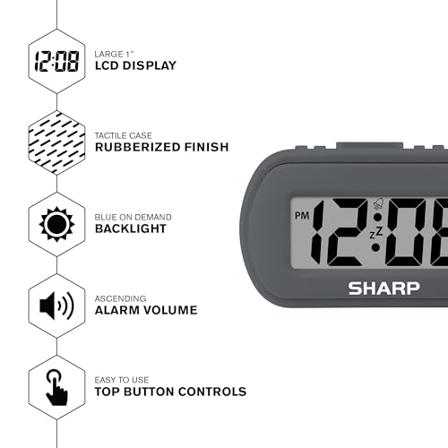 Sharp Digital Alarm Clock with Blue Backlight – Charcoal Black