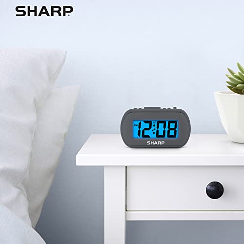 Sharp Digital Alarm Clock with Blue Backlight – Charcoal Black