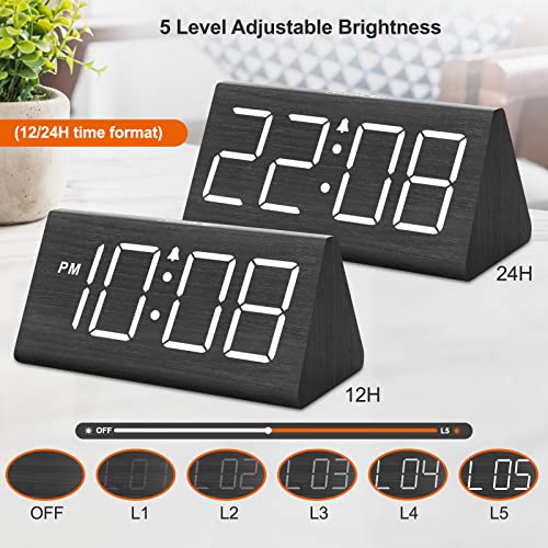 DreamSky Wooden Alarm Clock with Large Numbers - Black