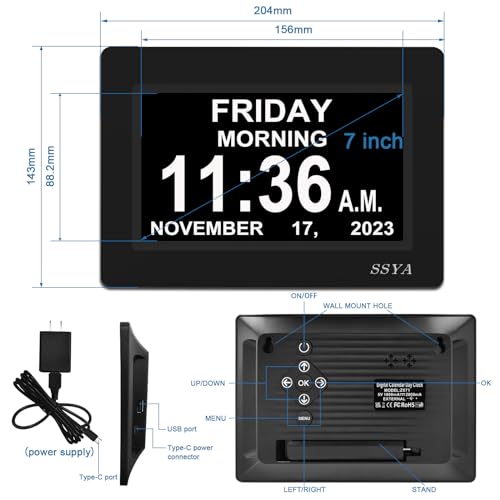 SSYA 7" Calendar Clock - 12 Alarms, Auto Dimmable