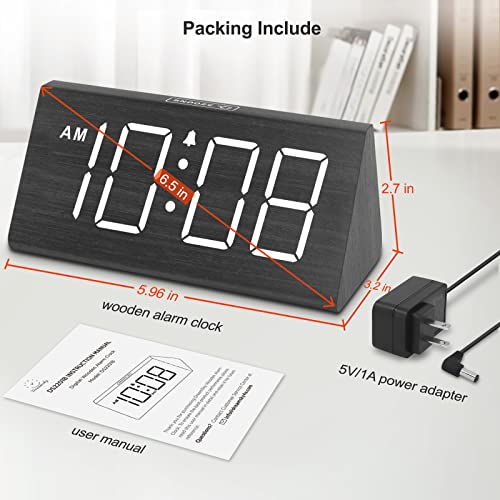 DreamSky Wooden Alarm Clock with Large Numbers - Black