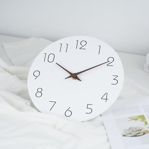 8" White Silent Wall Clock - Minimalist Wooden Decor