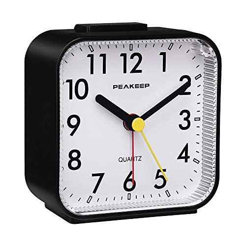 Small Analog Travel Alarm Clock: Silent, Lighted, Snooze (Black)