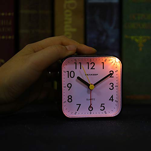 Small Analog Travel Alarm Clock: Silent, Lighted, Snooze (Black)