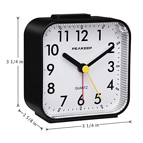 Small Analog Travel Alarm Clock: Silent, Lighted, Snooze (Black)
