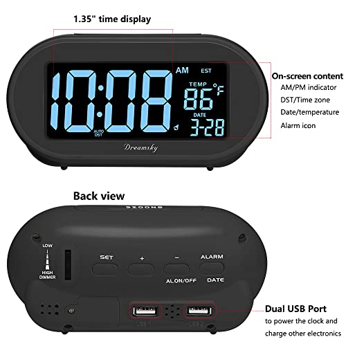 Digital Alarm Clock with Dimmable Brightness, DST, Temperature