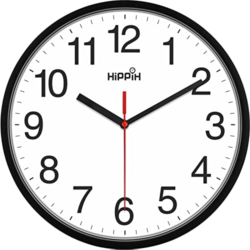 HIPPIH 10 Inch Black Wall Clock - Silent Non Ticking Quartz for Home & Office
