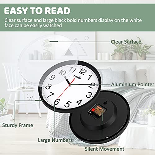 HIPPIH 10 Inch Black Wall Clock - Silent Non Ticking Quartz for Home & Office