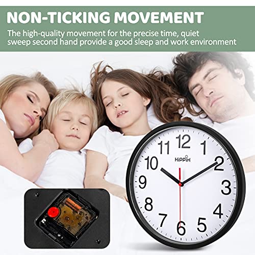 HIPPIH 10 Inch Black Wall Clock - Silent Non Ticking Quartz for Home & Office