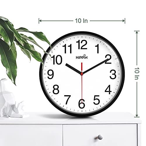 HIPPIH 10 Inch Black Wall Clock - Silent Non Ticking Quartz for Home & Office