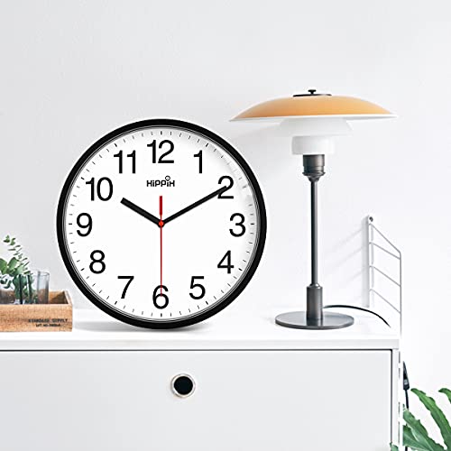 HIPPIH 10 Inch Black Wall Clock - Silent Non Ticking Quartz for Home & Office