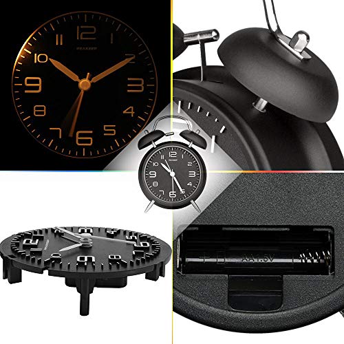 Peakeep 4" Twin Bell Alarm Clock, Backlight, Battery Operated