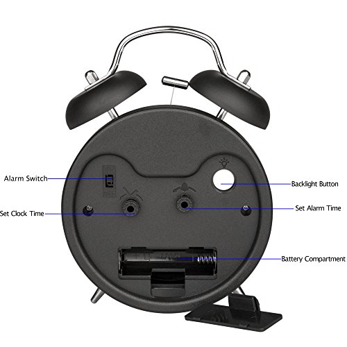 Peakeep 4" Twin Bell Alarm Clock, Backlight, Battery Operated
