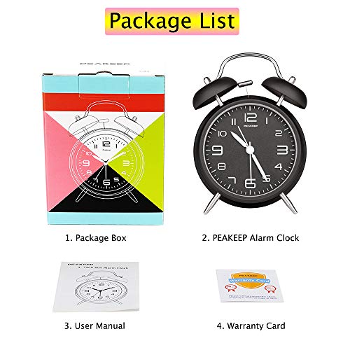 Peakeep 4" Twin Bell Alarm Clock, Backlight, Battery Operated