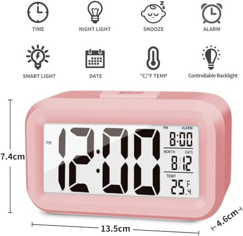 Pink Night Light Digital Alarm Clock with Temperature Display
