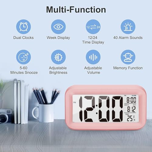 Pink Night Light Digital Alarm Clock with Temperature Display
