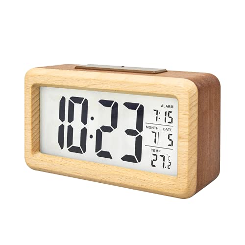 Wooden Digital Alarm Clock with Temperature Display and Night Light