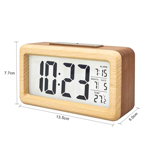 Wooden Digital Alarm Clock with Temperature Display and Night Light