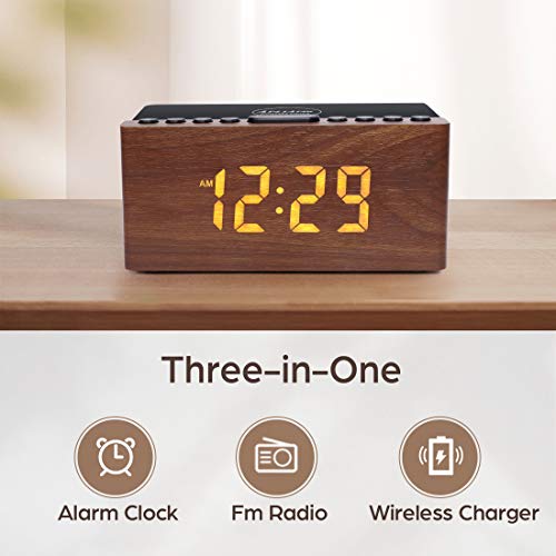 Wood Alarm Clock with Wireless Charger and FM Radio