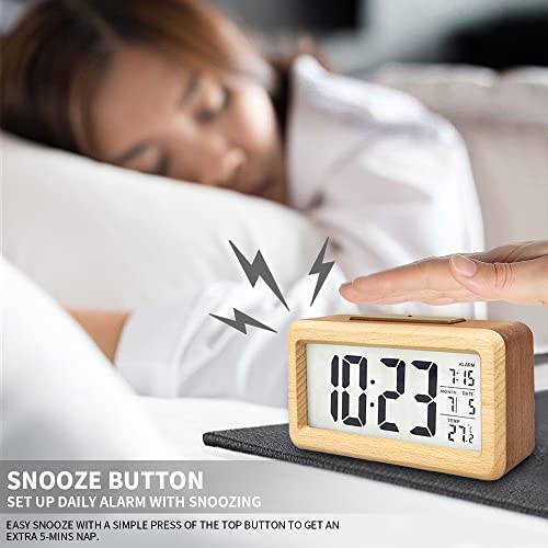 Wooden Digital Alarm Clock with Temperature Display and Night Light