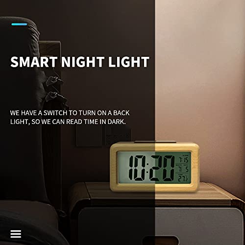 Wooden Digital Alarm Clock with Temperature Display and Night Light
