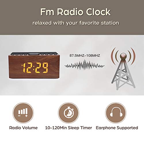 Wood Alarm Clock with Wireless Charger and FM Radio