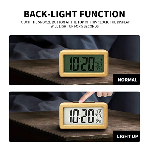 Wooden Digital Alarm Clock with Temperature Display and Night Light