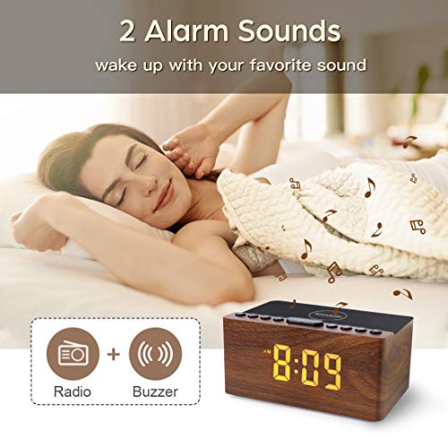 Wood Alarm Clock with Wireless Charger and FM Radio