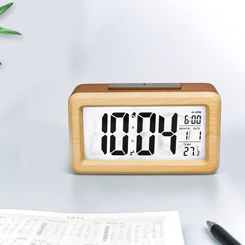 Wooden Digital Alarm Clock with Temperature Display and Night Light