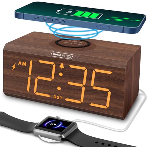 Wooden Digital Alarm Clock with Wireless Charging Station