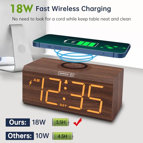 Wooden Digital Alarm Clock with Wireless Charging Station