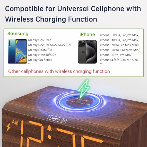 Wooden Digital Alarm Clock with Wireless Charging Station