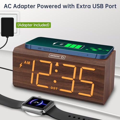 Wooden Digital Alarm Clock with Wireless Charging Station