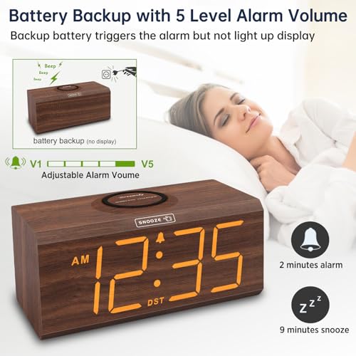 Wooden Digital Alarm Clock with Wireless Charging Station