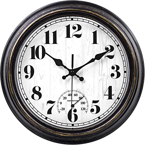 12 Inch Retro Round Waterproof Wall Clock with Thermometer