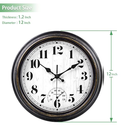 12 Inch Retro Round Waterproof Wall Clock with Thermometer