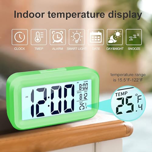 LED display alarm clock with night light, indoor temp