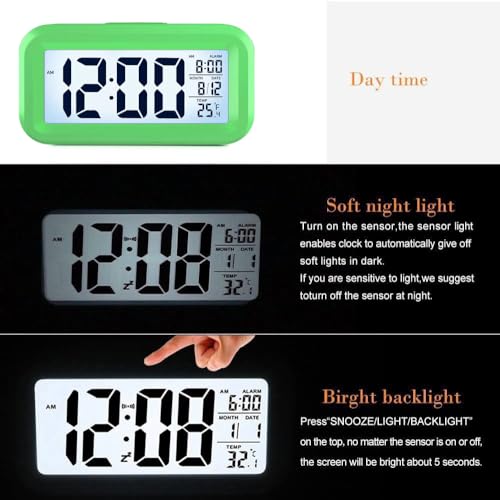LED display alarm clock with night light, indoor temp