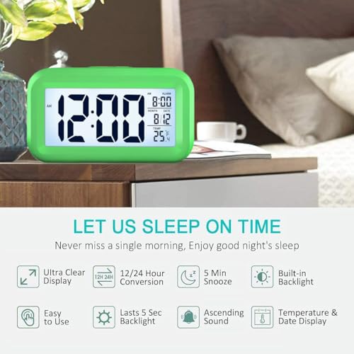 LED display alarm clock with night light, indoor temp