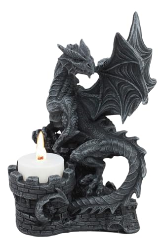 Fire Dragon Perching On Castle Turret Candleholder Statue